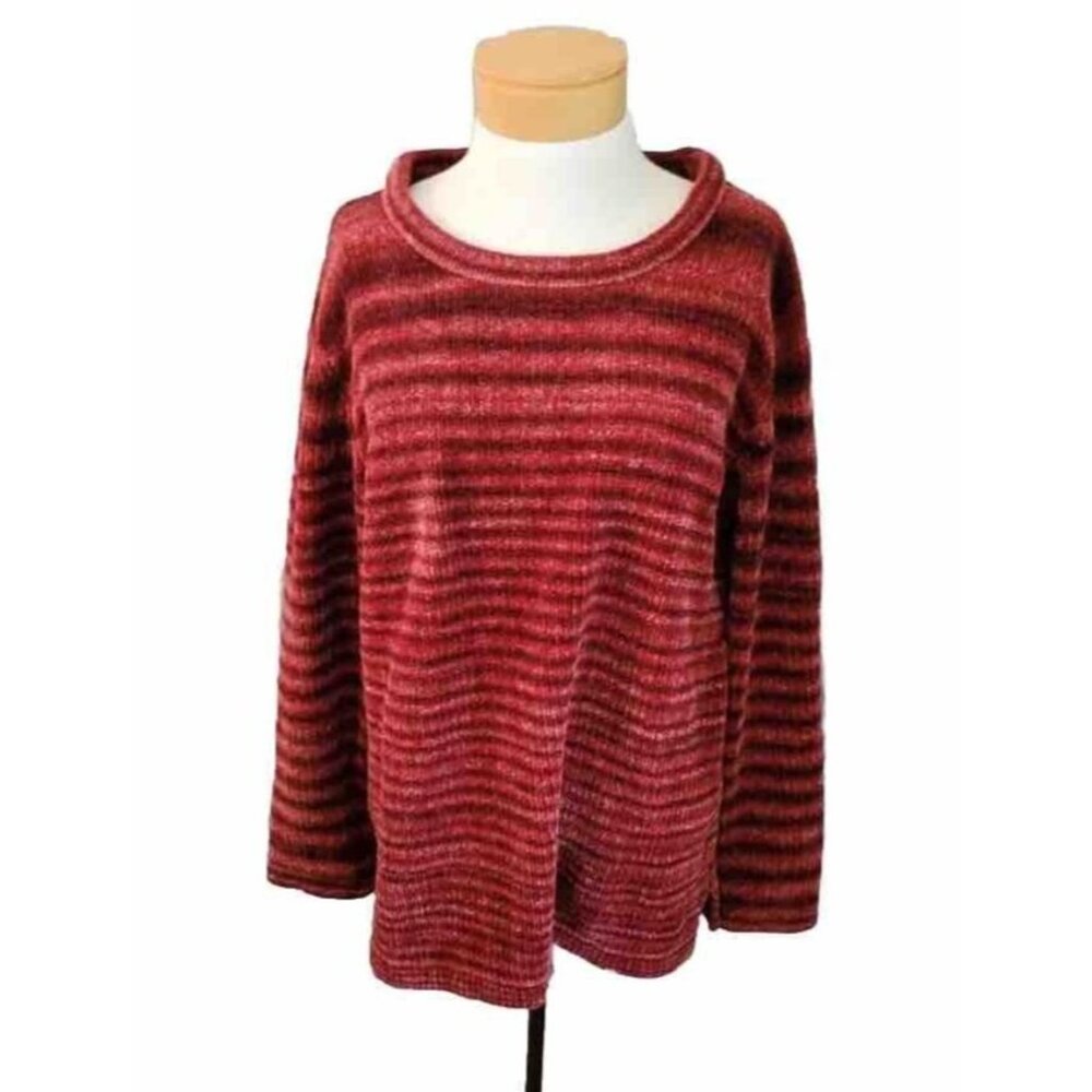 Denim & Co. Sweater Womens Size Large Red Long Sleeve Ombre Stripped Long Sleeve
